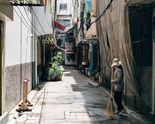 A relaxed walk outdoors near local neighborhood shops